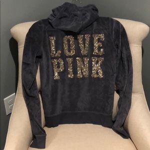 VS PINK grey velour bling gold sequin hoodie